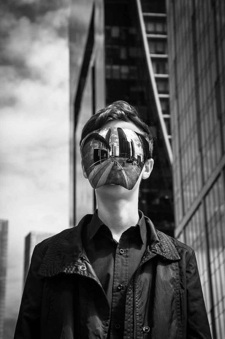 man, portrait, fashion, face shield, model, high tech, street, skyscraper, city, street style, moscow city, moscow, young man, mask, helmet, reflection, black and white